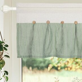 FUANGUI Linen Valances for Windows 52" W x 18" L Kitchen Curtains Window Valances, Farmhouse Curtains Pleated Color Block Design with Coconut Husk Button Detail