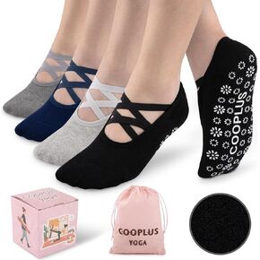 COOPLUS Yoga Socks for Women Non Slip Grips Pilates Socks for Pure Barre,Ballet,Dance,Barefoot Workout (4 Pairs)