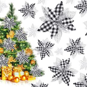 Sumind 12 Pcs Christmas Buffalo Plaid Poinsettia Flower Pick 9.8 Inches Xmas Flower Ornament with Glitter Powder for Christmas Tree Garland Decor Wedding Party Holiday(Black Red, Red Pine Cones)