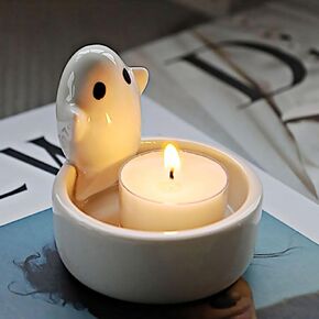 Cute Cartoon Ghost Candle Holder Ceramic Candlestick Cartoon Cute Ghost Figurines Scented Tealight Candle Holder for Girls Women Halloween Birthday Gift Home Table Centerpiece Decor