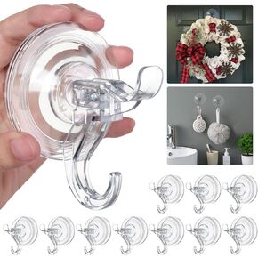 Antimbee Suction Cup Hooks, 10 Pack Wreath Hangers, Removable Large Suction Cup with Ultra-Thin Adhesive Disc for Smooth/Uneven Surfaces, Transparent Suction Cup Hanger Max Hanging up to 11 lbs
