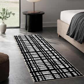 Collive Long Hallway Runner Rug 2.5x8 ft Washable Kitchen Runner Rug with Rubber Backing, Modern Abstract Geometric Line Pattern, Checkered Design, Non-Slip Floor Carpet for Bedroom, Entryway