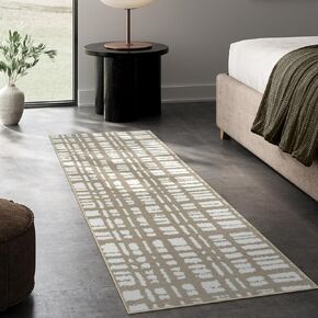 Collive Long Hallway Runner Rug 2.5x8 ft Washable Kitchen Runner Rug with Rubber Backing, Modern Abstract Geometric Line Pattern, Checkered Design, Non-Slip Floor Carpet for Bedroom, Entryway