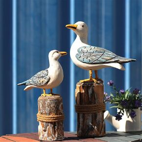 2Pcs Wooden Seagull Figurine Vintage Nautical Sea Bird on Piling with Rope Ornament Sculpture, Hand Caraved Wooden Bird Statue Nautical Craft Decorations for Home