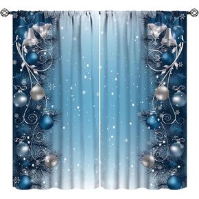 JESTRONRY Christmas Curtains, Blue Christmas Background with Branches Ribbons Snowflakes Xmas Theme Blackout Rod Pocket Window Drapes for Living Room Bedroom Kitchen Party Decor 42x45in