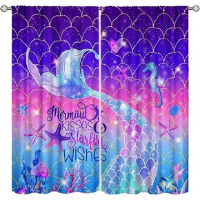 Mermaid Curtains for Girls Bedroom Kids Fish Rainbow Colourful Princess Ocean Theme Bedroom Curtains, Blue Mermaid Tail Window Treatments 42 x 63 Inch Blackout
