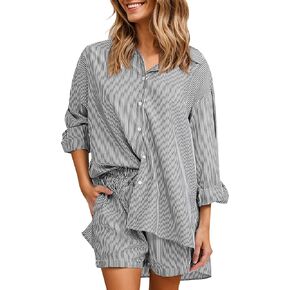 Women's 2 Piece Outfits Long Sleeve Button Down Shirts and Shorts Sets Striped Lounge Pajama Sets with Pockets