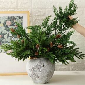 Giegxin 12 Pcs Christmas Norfolk Pine Branches Artificial Pine Needles Xmas Green Plants Decoration Fake Christmas Pine Cone DIY Accessories for Christmas Home Kitchen Table Centerpiece