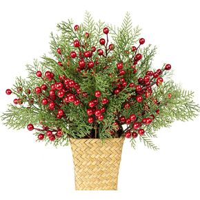 30 PCs Christmas Picks 9 Inches Christmas Tree Picks Classic Winter Greenery Stems with Pine Branches Red Berry Evergreen Sprigs for Winter Crafts Vase DIY Wreath Tree Decoration