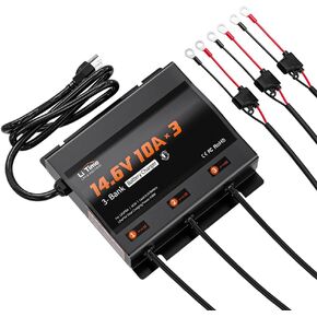 LiTime 3-Bank 10A (10A/Bank) Smart Battery Charger, 14.6V LiFePO4 Battery Charger AC-DC Charger with Fuse, LED Indicator for RV, Boat, Motorcycle, Lawn Mower, Trolling Motor and Lead Acid Battery in Kuwait