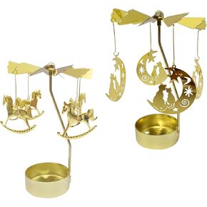 Spinning Candle Holder Rotating Candle Spinner Golden Tea Light Candle Holder Display Metal Candlestick Set for Wedding, Christmas Party, Home Table Decorations, Favor Gift(Cat + Horse)