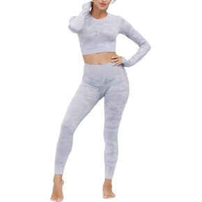 Women's Workout Outfit Set Active 2 Pieces Camo Seamless Yoga Leggings with Long Sleeves Crop Top Light Gray