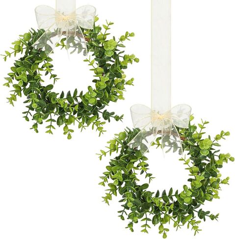 2 Pieces 10 Inch Faux Kitchen Cabinet Christmas Wreaths Mini Boxwood Wreaths with Ribbon Organza Room Decor Small Artificial Greenery Wreaths for Kitchen Cabinet Doors in Saudi Arabia
