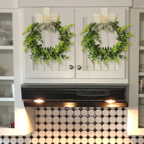 2 Pieces 10 Inch Faux Kitchen Cabinet Christmas Wreaths Mini Boxwood Wreaths with Ribbon Organza Room Decor Small Artificial Greenery Wreaths for Kitchen Cabinet Doors in Saudi Arabia