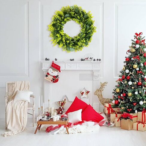 18" Wreaths for Front Door Artificial Green Boxwood with Eucalyptus Leaves for Indoor Outside Wall Window Porch Farmhouse Holiday Wedding Home Decor Spring Summer Wreath for All Seasons in Saudi Arabia