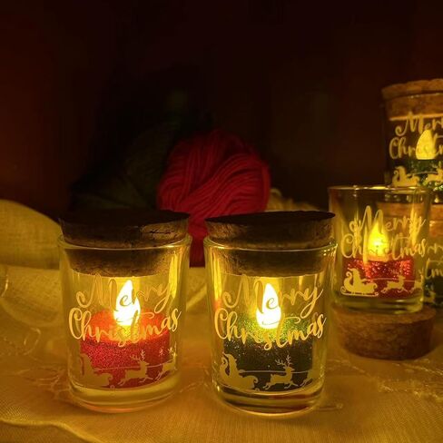 EZ Kitchen 6 Pack Cute Cat Glass Candle Jar with Cork Lid and White Glitter LED Tealight Candles, Cat Silhouette Glass Bottle, Cat Home Decorations, Tea Light Candle Holders in Saudi Arabia