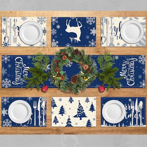 7Pack Christmas Buffalo Plaid Table Runners Placemats, Red Black Buffalo Check Snowflake Table Runner for Dining Table Winter Table Decor Holiday Table Mat Set for Merry Christmas New Year Decorations in Kuwait