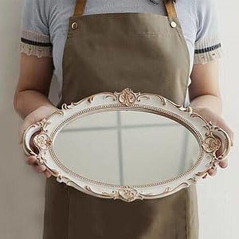 Mirrored Tray,Decorative Mirror for Perfume Organizer Jewelry Dresser Organizer Tray Display,Vanity Tray,Serving Tray,15'' x 9''(White) in Saudi Arabia