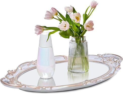 Mirrored Tray,Decorative Mirror for Perfume Organizer Jewelry Dresser Organizer Tray Display,Vanity Tray,Serving Tray,15'' x 9''(White) in Saudi Arabia