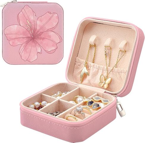 MAYCARI Small Portable Travel Jewellery Box, Pink Flower Pattern Mini Leather Jewellery Box Organiser for Rings Earrings Necklace Bracelets Jewelry Gift for Women Girls Kids in Kuwait