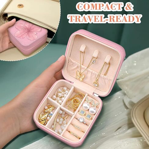 MAYCARI Small Portable Travel Jewellery Box, Pink Flower Pattern Mini Leather Jewellery Box Organiser for Rings Earrings Necklace Bracelets Jewelry Gift for Women Girls Kids in Kuwait