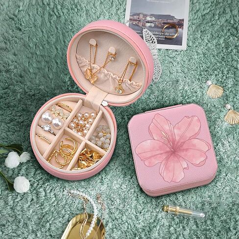 MAYCARI Small Portable Travel Jewellery Box, Pink Flower Pattern Mini Leather Jewellery Box Organiser for Rings Earrings Necklace Bracelets Jewelry Gift for Women Girls Kids in Kuwait