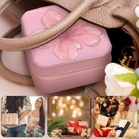 MAYCARI Small Portable Travel Jewellery Box, Pink Flower Pattern Mini Leather Jewellery Box Organiser for Rings Earrings Necklace Bracelets Jewelry Gift for Women Girls Kids in Kuwait