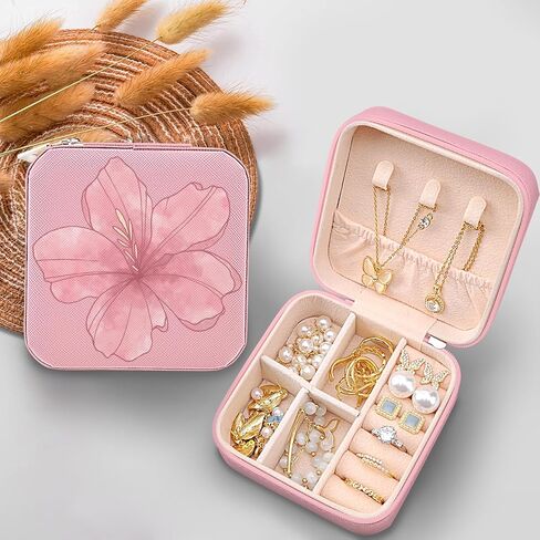 MAYCARI Small Portable Travel Jewellery Box, Pink Flower Pattern Mini Leather Jewellery Box Organiser for Rings Earrings Necklace Bracelets Jewelry Gift for Women Girls Kids in Kuwait