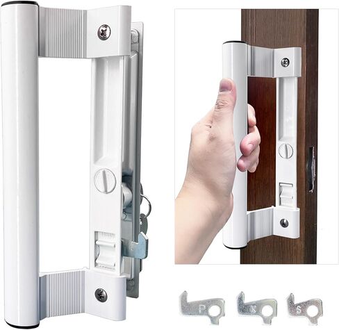 Sliding Glass Door Handle Set with Lock - Easy to Install,Patio Sliding Door Handle Fits for 1 to 1-1/8 Door Thickness,6-5/8" Screw Hole Spacing,Perfectly Replacement for Old Handle(White) in Saudi Arabia