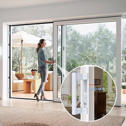 Sliding Glass Door Handle Set with Lock - Easy to Install,Patio Sliding Door Handle Fits for 1 to 1-1/8 Door Thickness,6-5/8" Screw Hole Spacing,Perfectly Replacement for Old Handle(White) in Saudi Arabia