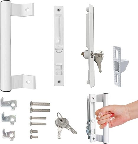Sliding Glass Door Handle Set with Lock - Easy to Install,Patio Sliding Door Handle Fits for 1 to 1-1/8 Door Thickness,6-5/8" Screw Hole Spacing,Perfectly Replacement for Old Handle(White) in Saudi Arabia