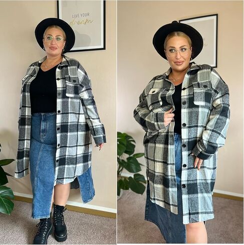 IN'VOLAND Womens Plus Size Flannel Plaid Shirts Long Sleeve Lounge Lapel Boyfriend Button Down Tartan Long Jacket Coats in Kuwait