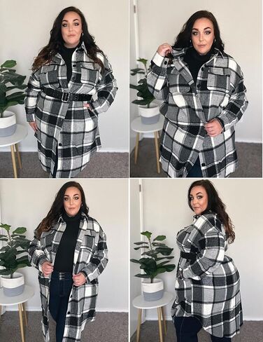 IN'VOLAND Womens Plus Size Flannel Plaid Shirts Long Sleeve Lounge Lapel Boyfriend Button Down Tartan Long Jacket Coats in Kuwait