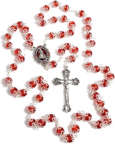 Needzo Red Divine Mercy Rosary, Capped Prayer Beads with Metal Crucifix, Catholic Keepsake Gifts, 23.5 Inches in Saudi Arabia