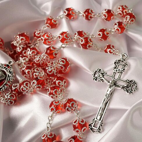 Needzo Red Divine Mercy Rosary, Capped Prayer Beads with Metal Crucifix, Catholic Keepsake Gifts, 23.5 Inches in Saudi Arabia