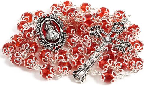 Needzo Red Divine Mercy Rosary, Capped Prayer Beads with Metal Crucifix, Catholic Keepsake Gifts, 23.5 Inches in Saudi Arabia