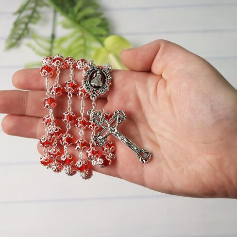 Needzo Red Divine Mercy Rosary, Capped Prayer Beads with Metal Crucifix, Catholic Keepsake Gifts, 23.5 Inches in Saudi Arabia