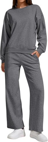طقم بدلة رياضية نسائية مكونة من قطعتين من سويت شيرت وسروال رياضي كبير الحجم - ملابس كاجوال مريحة للخريف والشتاء مع جيوب in Kuwait