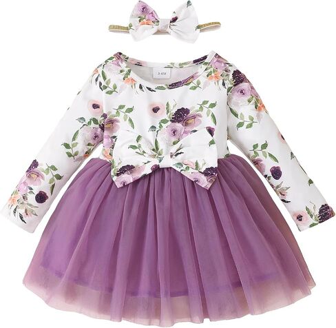 Mioglrie Baby Girl Dress Infant Girl Fall Winter Long Sleeve Tutu Dresses | Ruffle Floral Tulle Dress，3-24 Months，Matching Headband，Family Photo Outfits，Daily Leisure，Birthdays，Festival，Parties in Saudi Arabia