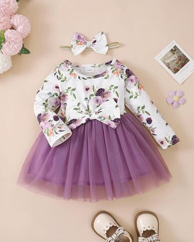 Mioglrie Baby Girl Dress Infant Girl Fall Winter Long Sleeve Tutu Dresses | Ruffle Floral Tulle Dress，3-24 Months，Matching Headband，Family Photo Outfits，Daily Leisure，Birthdays，Festival，Parties in Saudi Arabia