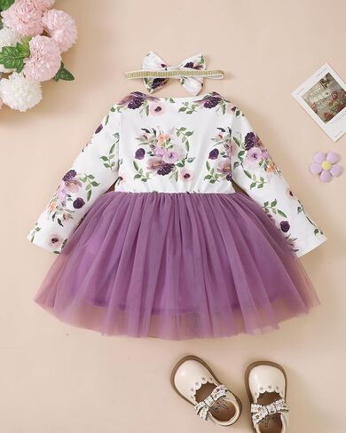 Mioglrie Baby Girl Dress Infant Girl Fall Winter Long Sleeve Tutu Dresses | Ruffle Floral Tulle Dress，3-24 Months，Matching Headband，Family Photo Outfits，Daily Leisure，Birthdays，Festival，Parties in Saudi Arabia