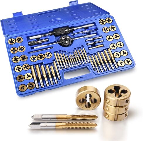 60 PC Tap and Die Set（titanium layer）- Include SAE Inch Size #4 to 1/2" and Metric Size M3 to M12, Coarse and Fine Threads | Essential Threading Rethreading Tool Kit in Saudi Arabia