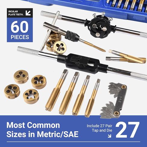 60 PC Tap and Die Set（titanium layer）- Include SAE Inch Size #4 to 1/2" and Metric Size M3 to M12, Coarse and Fine Threads | Essential Threading Rethreading Tool Kit in Saudi Arabia