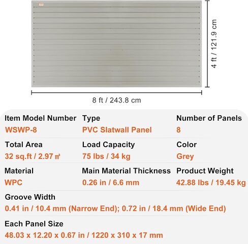 VEVOR Slatwall Panels, 4 ft x 1 ft Gray Garage Wall Panels 12"H x 48"L (Set of 8 Panels), Heavy Duty Garage Wall Organizer Panels Display for Retail Store, Garage Wall, and Craft Storage Organization in Saudi Arabia