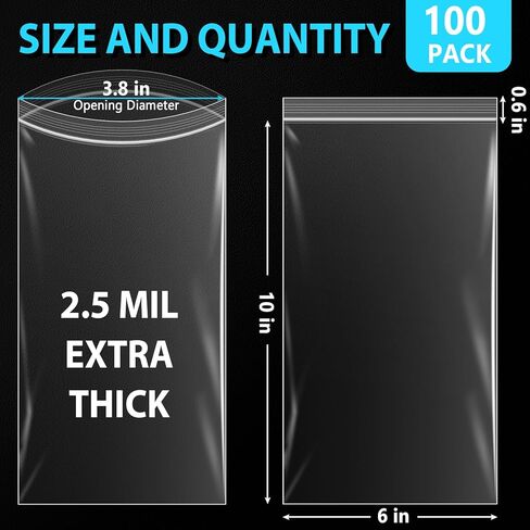 6 × 10 أكياس بلاستيكية طويلة، أكياس بسحاب، أكياس بولي بلاستيكية شفافة، 2.5 مل، 6 × 10 بوصة (عبوة من 100) in Kuwait