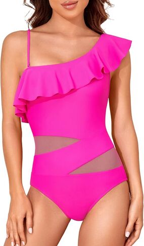 Women's One Piece Swimsuits Tummy Control One Shoulder Bathing Suits Sexy Ruffle Cutout Mesh Swimwear in Saudi Arabia