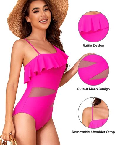 Women's One Piece Swimsuits Tummy Control One Shoulder Bathing Suits Sexy Ruffle Cutout Mesh Swimwear in Saudi Arabia