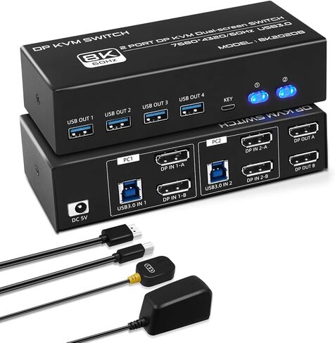 TCNEWCL 4K @ 120 هرتز HDMI Displayport KVM Switch 2 PC 2 شاشة 8K @ 60 هرتز DP 1.4 HDMI 2.1 USB 3.0 KVM Switch شاشة مزدوجة، يدعم وضع النسخ الممتد مع وحدة تحكم سطح المكتب و2 كابلات HDMI+DP+USB in Kuwait