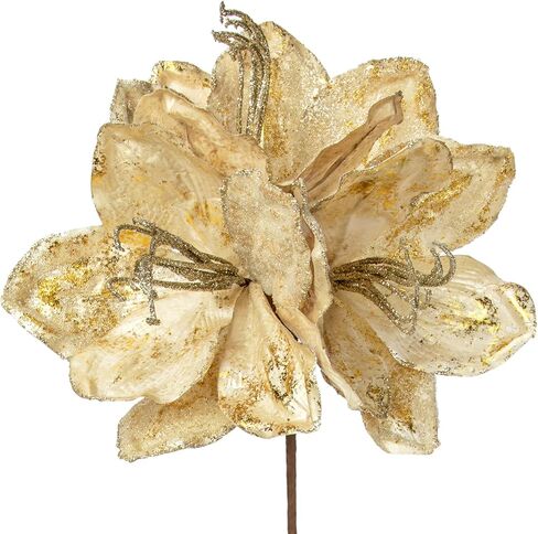 Briful 3PCS Christmas Glitter Poinsettia Flowers 3 Heads Large Artificial Clivia Floral Picks 24 Inch Long Stem Fake Flowers Ornaments for Xmas Tree Vase Table Centerpiece Decor (Champagne Gold) in Kuwait