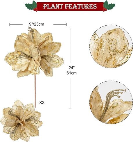 Briful 3PCS Christmas Glitter Poinsettia Flowers 3 Heads Large Artificial Clivia Floral Picks 24 Inch Long Stem Fake Flowers Ornaments for Xmas Tree Vase Table Centerpiece Decor (Champagne Gold) in Kuwait